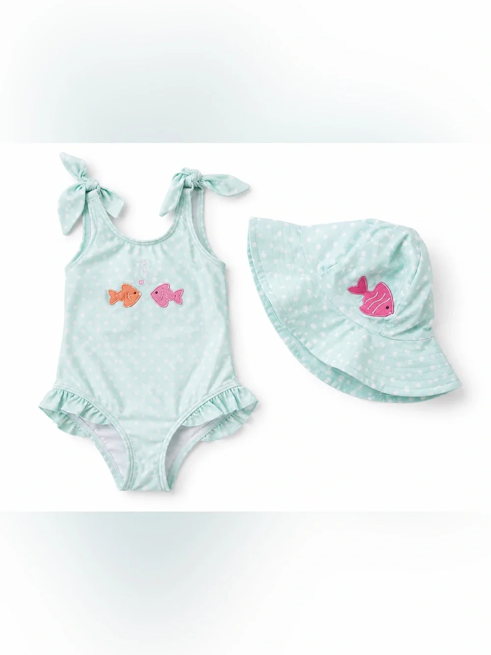 Gymboree Baby Swimsuit Hat Set 0-3M Aqua Polka Dot Fish Beach Swimwear